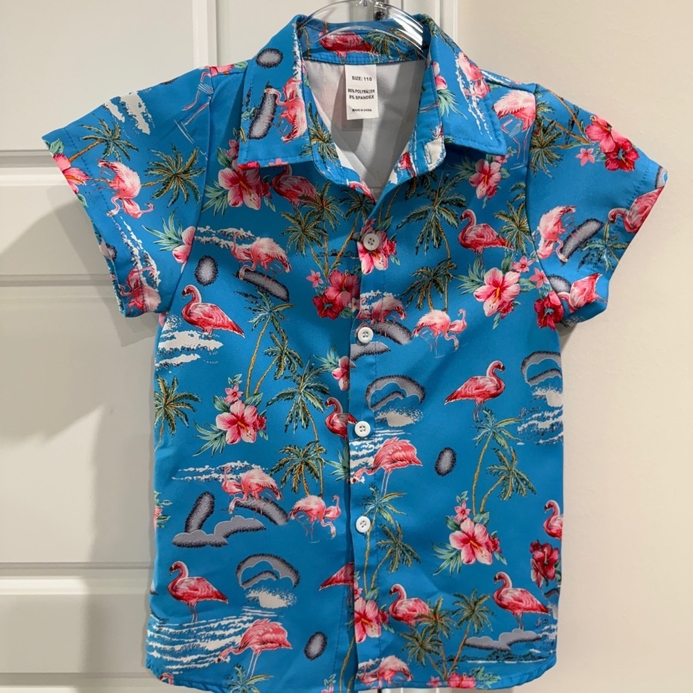 Boys 4T Hawaiian Shirt Blue Flamingo Tropical Tommy Bahama Style Button Down